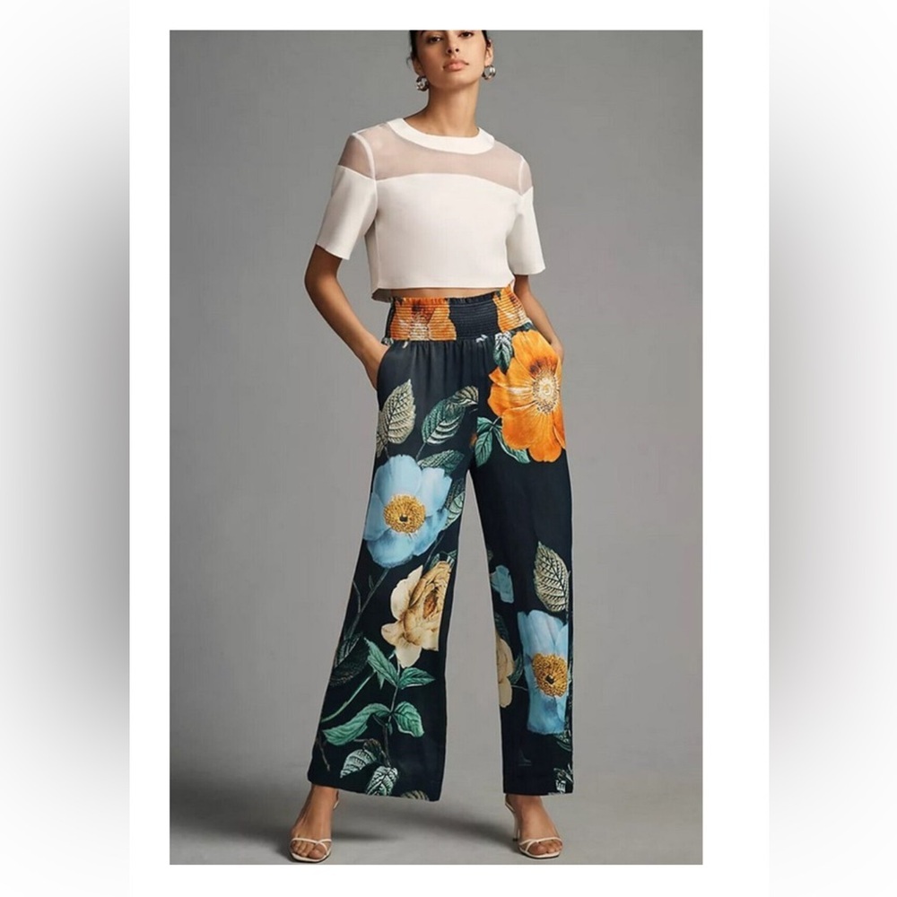 Anthropologie The Saria Smocked Waist Wide-Leg Pants by Maeve